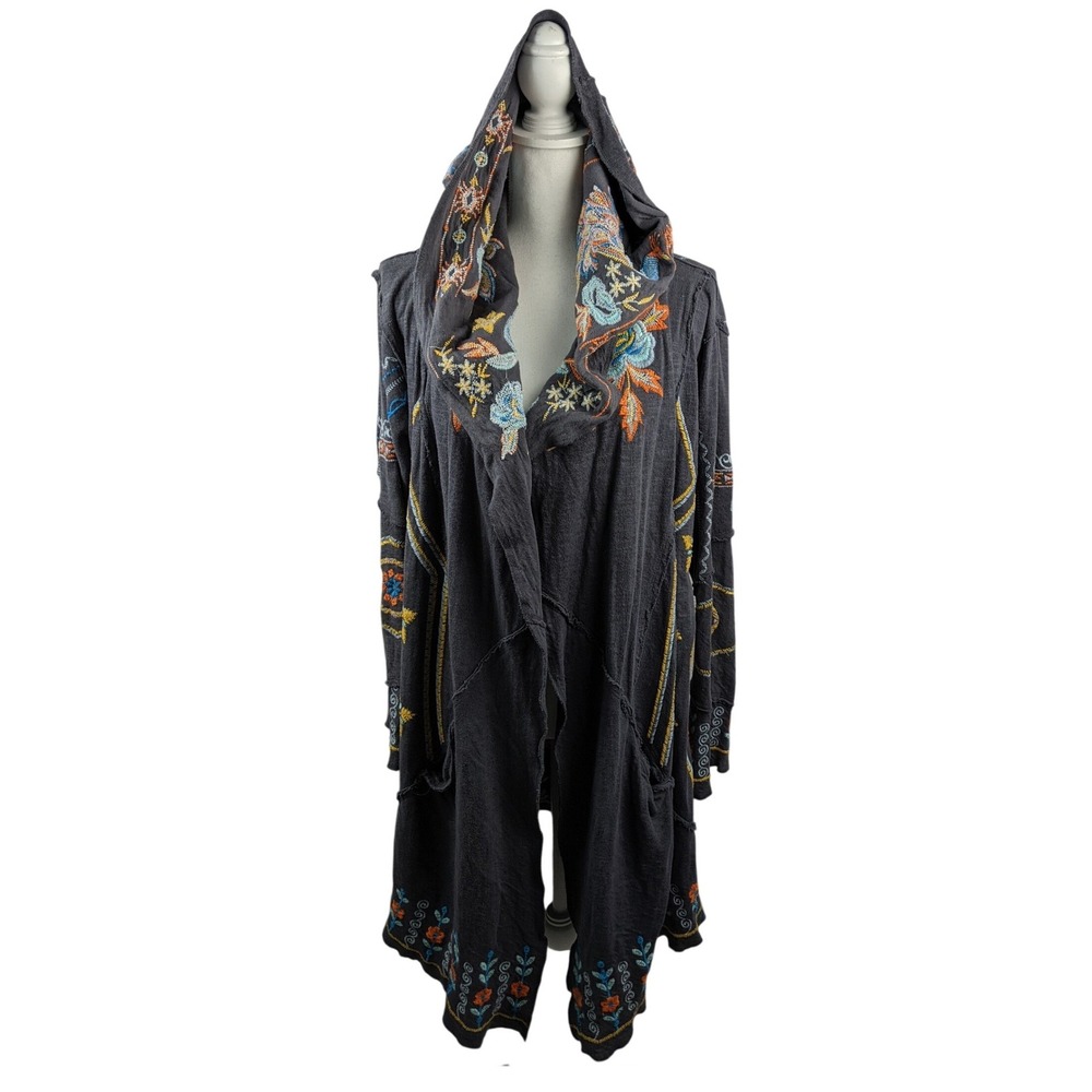 Caite Womens L Cardigan Gray Embroidered Hooded Open Front Boho Floral Pockets
